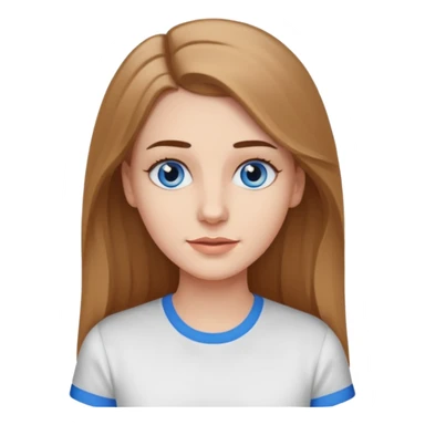 A pretty white girl with long slightly light brown hair dark eyebrows and braces and blue eyes wearing a white shirt and she has a long face sticker