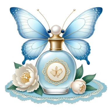 A delicate glass perfume bottle with an iridescent pearl finish rests on a vintage lace doily. A pale blue butterfly flutters nearby, its shimmering wings catching the soft golden light. Scattered white peony petals and a string of pearls add a touch of timeless elegance. sticker