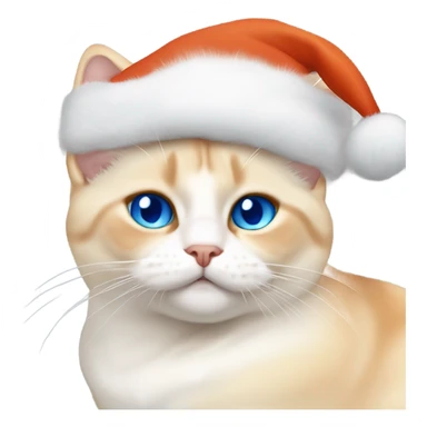 chubby fat, flame point Siamese, short fur, with white fur with orange accents, and blue eyes, smiling, wearing a red santa hat  sticker