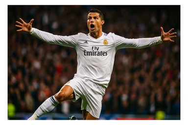 Cristiano Ronaldo in Real Madrid uniform jumping with arms outstretched, 'siu' celebration, dynamic action, crowd in background sticker