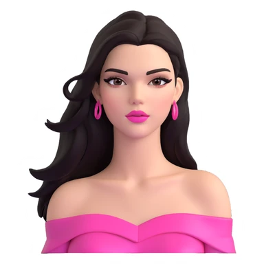Kendall Jenner supermodel, longer face, long dark hair, bright pink glossy lipgloss, rosy pink blush, sharp winged eyeliner, bare shoulders sticker