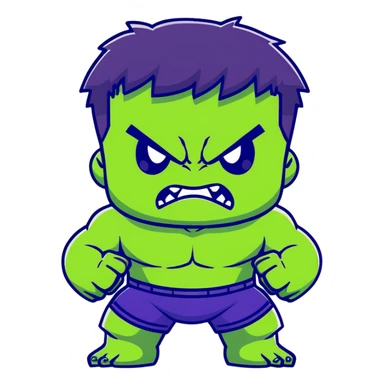 Chibi Hulk, cute small proportions, big head, tiny body, adorable angry expression, green skin, purple shorts sticker