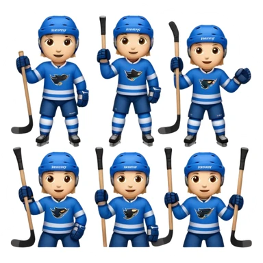 Set of 8 hockey sticker emojis for kids: happy player with a puck, tired player, celebratory player, player cheering, hockey helmet, hockey stick, ice rink, and team logo. sticker