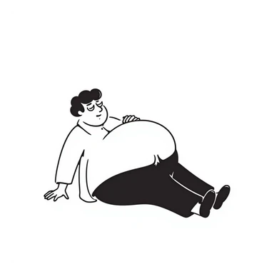 Peter Griffin from Family Guy with a massive pregnant belly, laying on his back, sweating droplets visible, tired expression, wearing green pants and white shirt sticker