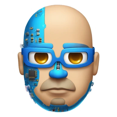 Fat bald cyborg head with tan skin, blue beard, blue goggles and circuits sticker