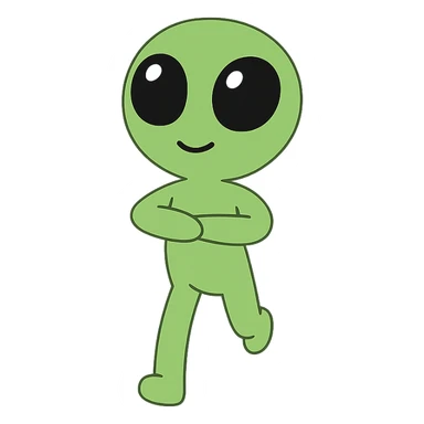 Create a neon green alien dancing, almost identical to the reference image, with minimal changes in the positions of arms and legs, looking straight ahead. This is frame 13 of the animation. PNG with transparent background. sticker