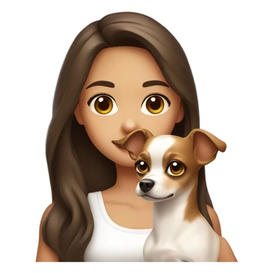 A girl with long brown hair, big brown eyes, very big lips wearing a white singlet top, she is holding a chihuahua that is completely light yellow  sticker