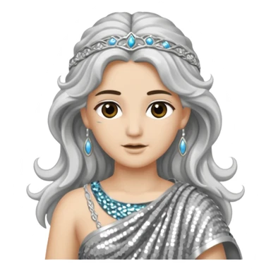 Diana from Roman Deities with long silver wavy hair, silver sequin toga sticker