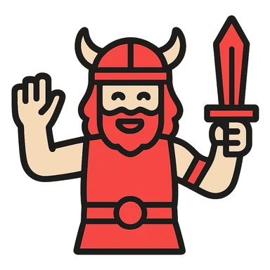 A barbarian waving a sword in greeting, red color sticker