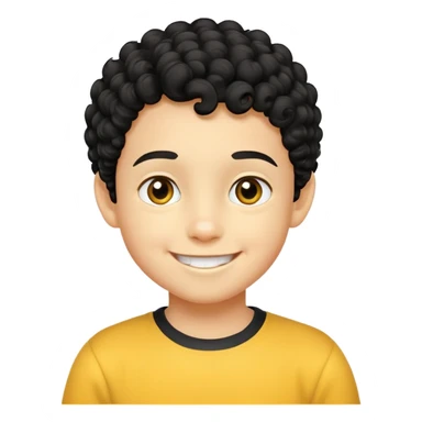 bé trai 10 tuổi, da vàng, tóc ngắn xoăn màu đen, mặt cười tươi vui vẻ sticker