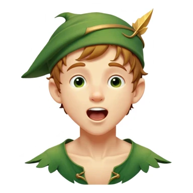 Cinematic Realistic Peter Pan Portrait, head tilted slightly with a dramatic, wide-open yawn, revealing a relaxed yet spirited expression. His detailed tunic and cap, paired with a gentle, ambient glow, capture a tender moment of vulnerability amidst his eternal quest for adventure. sticker