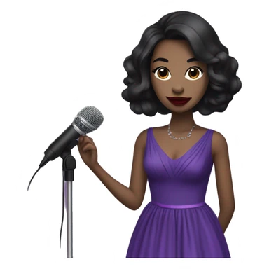 tall girl with long straight black hair with red lipstick with a microphone and purple prom dress sticker