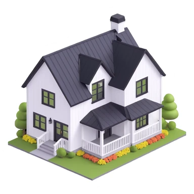 modern farmhouse with white siding, black roof and black trim, isometric sticker