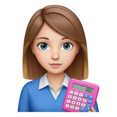 female with straight brown hair with blonde highlights and blue eyes holding a pink calculator sticker