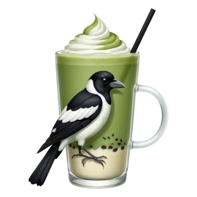  ONE Australien Magpie (just black and white feathers) sitting on an iced matcha latte on the edge of the glass. magpie has green matcha on its beak. matxha latte is in a see through glass and white from the oat milk on the bottom and green without seeds on top… one straw & ice cubes sticker