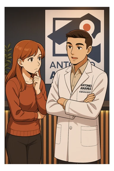 su questo stile fai un manga/webtoon a colori in cui una donna SI TOCCA IL MENTO CON L'INDICE MENTRE ASCOLTA PENSIEROSA L'UOMO, l'uomo della foto in stile manga LE SPIEGA CHE DEVE PROVARE LA SUA VALUTAZIONE MEDICA, mantieni un ambiente simile alla foto che ho allegato con il suo logo (sarebbe il suo studio, lui è un kinesiologo), scrivigli "ANTONIO ANANIA" sul camice bianco, non mettere fumetti, ma fai in modo che sembri che la donna ASCOLTI l'uomo sticker