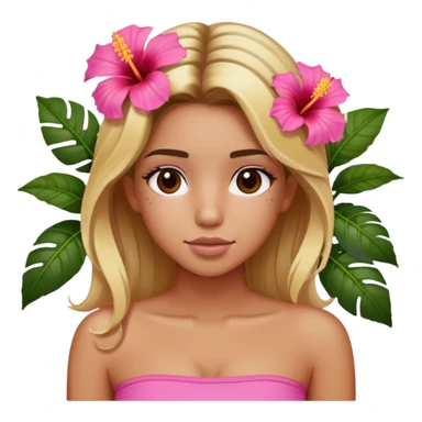tan girl with blonde hair and brown highlight streaks with a hibiscus flower in her hair wearing a pink tube top with tan lines showing sticker
