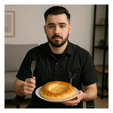 sartarosh xonada sal zamonaviy roq bulsin shunchaki tarelka v vilka ushlab utirsin tarelkada esa faqat uzbekcha non bulsin kayfiyati xam urtacha bulsin xursan bob ketmasin sticker