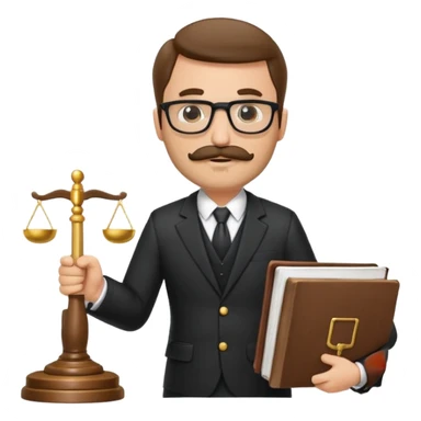 “Create a clean, modern emoji-style illustration of a male lawyer. He is wearing a formal suit jacket. He is holding a judge’s gavel (QUE SE VE DE COSTADO) in one hand and has a law book tucked under his arm. He has a mustache and beard (BARBA)!, and GLASSES sticker