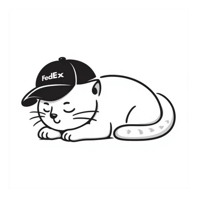 emoji of sleeping cat, its pose is lying, it has on his head FedEx uniform cap sticker