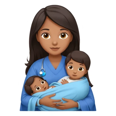 Female nurse with long dark hair with medium brown skin and brown eyes holding a baby sticker