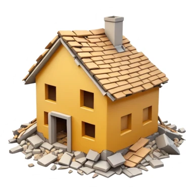 3D iPhone style emoji of a completely destroyed house, heavily damaged, collapsed into rubble, broken walls and roof scattered into debris, isolated on white background, soft shadows, high detail, playful and cute. sticker
