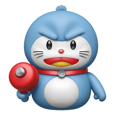 Red angry doraemon plush holding a nuke button sticker