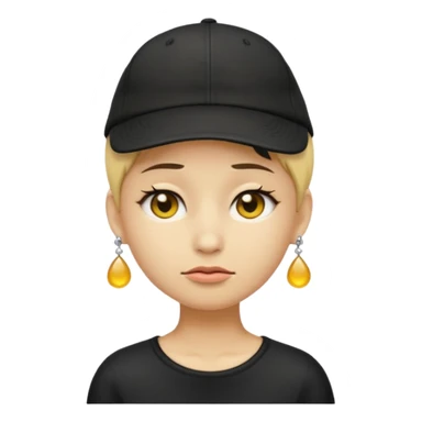 Create me an emoji like that, sad, with earrings, a black cap backwards, yellow skin like an emoji, and short hair down to the nape of my neck. sticker