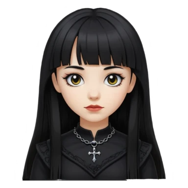 generate an image of a girl with long black hair, caucasian and wearing gothic black clothes. Her bangs is very short sticker