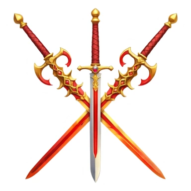 Two crossed swords that are golden in blade and handle and have fiery and royal appearence to them as well as red gem stones yellow in color sticker