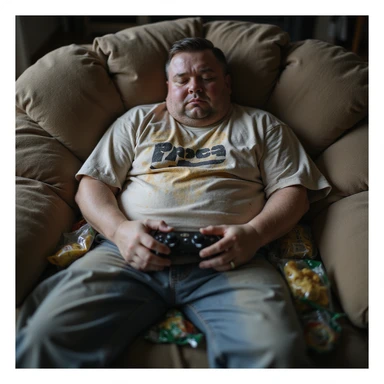 hyperrealistic 4K image of an overweight man in a stained t-shirt melting into the crevices of a couch, gaming controller dangling from limp hands, empty snack bags forming a nest around him, messy and lethargic atmosphere, visible exhaustion sticker