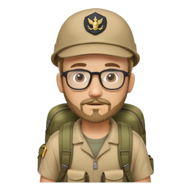 adventurer with goatee beard (no beard on cheeks), short hair, glasses, backwards military tan cap and backpack sticker