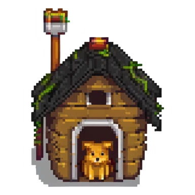 a pixel art broom in a doghouse sticker