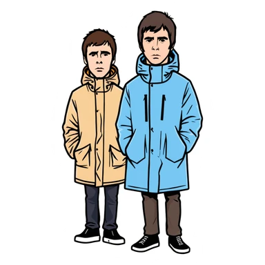 Create me a sticker of oasis band liam gallagher and noel gallagher at her peak (90s)  sticker
