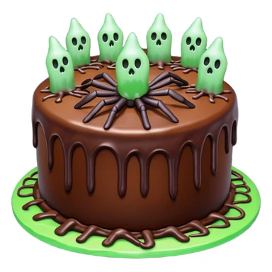 Chocolate Halloween cake with spiders and ghosts on top with webs on the side and green glowing frosting dripping down the sides  sticker