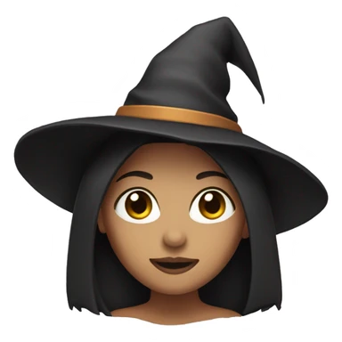 Woman with dark straight hair, hazel eyes, light skin and a witch hat sticker
