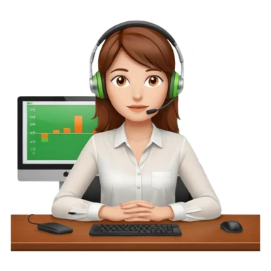 a woman, brown hair, middle european, sitting in the office, wearing a blouse and a headset. she is controling the limits on screen. green = ok, orange = am Limit, rot = überschritten sticker