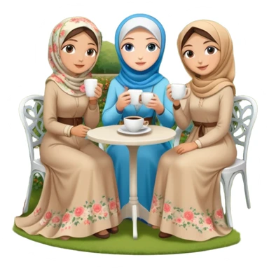 Turkish beautiful finish Konya girls blue eyes with Beautiful beige floral hijab long tail dress and the two friends in a lovely garden sits on the chair on the ground and holds cup coffe with her hand  sticker
