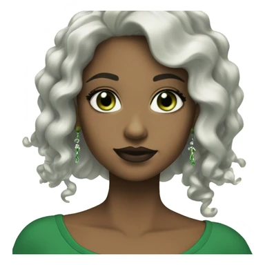 white with very green eyes and black long curly hair, and earrings, and green top, and mascara and lipstick sticker