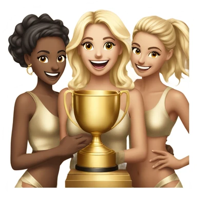 Six beautiful and stylish blonde and Latina models celebrating with 1 huge gold trophy sticker