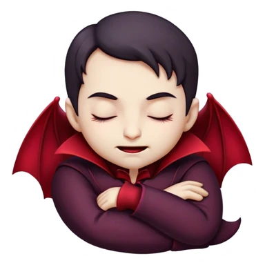 Meme-Worthy Cute Sleeping Vampire Portrait Emoji, with a refined, small, pale face softened by closed, serene eyes and a slight, peaceful smile, adorned in miniature elegant dark attire with a hint of fading crimson, simplified yet irresistibly adorable, highly detailed with a soft ethereal outline that captures the drowsy charm of a vampire in quiet nighttime slumber! sticker
