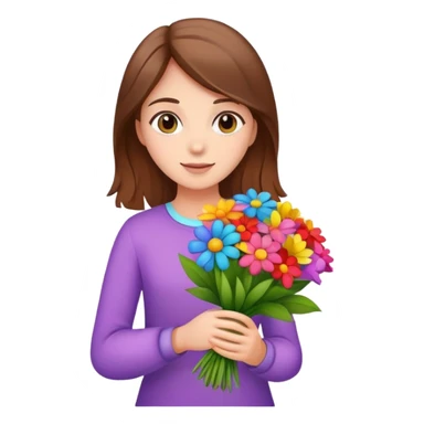 brown-haired girl holding a colorful bouquet of flowers sticker