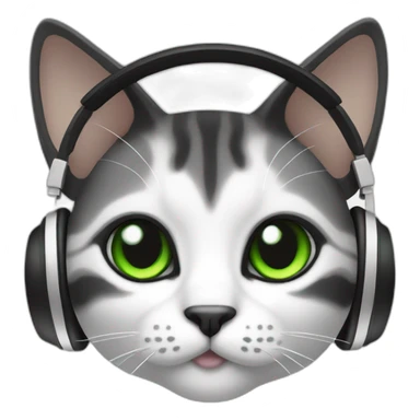 cat black and white, green eyes and white headset sticker
