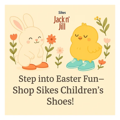 Make the Sikes Children's Shoes logo even smaller so it is subtle and not dominant. Keep the pastel background, bunny and chick with shoes, floral accents, and the headline: 'Step into Easter Fun—Shop Sikes Children’s Shoes!'. Logo should remain in the same position, just smaller than before. sticker