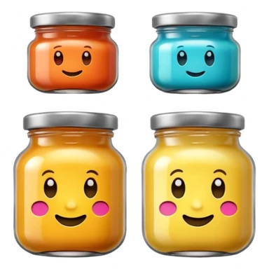 two small glass jars with metal lids filled with colorful purée no label or extras soft lighting subtle shadows emoji scale sticker