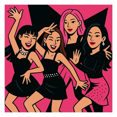 Make the Blackpink group pose even more dynamic, with energetic dance moves and expressive gestures, vibrant toon style sticker