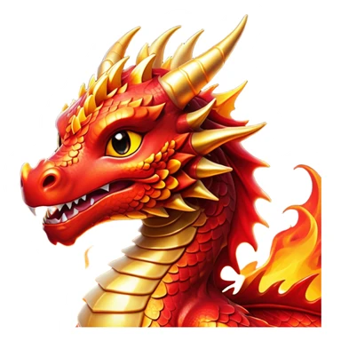 Cinematic Cute Fierce Fire Dragon Portrait Emoji, Head tilted playfully and inquisitively, showcasing a robust, flame-embellished form with intricately detailed scales in vibrant reds and glistening golds, accented by flickering ember highlights and a warm, inviting glow; rendered with lifelike detail and radiant natural light, high shine, spirited yet endearing, styled with a touch of blazing whimsy, soft glowing outline, capturing the essence of a mischievous yet charming inferno that seems ready to dance with playful fire! sticker