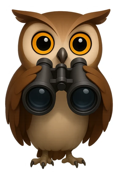 Сова держит в крыльях бинокль и смотрит в него прямо на зрителя, прозрачный фон sticker