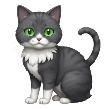 full body view of beautiful female solid dark grey cat with green eyes, white toes/paws and white patch on her chest sticker
