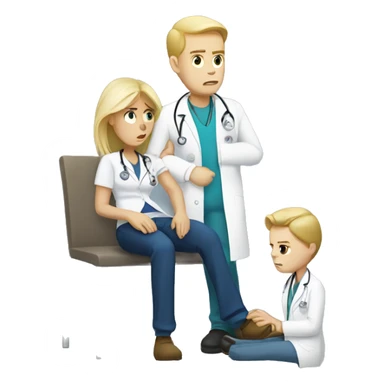 Scared white male patient with a blonde female doctor examining his foot sticker
